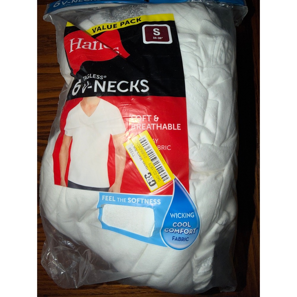 Hanes Mens 6 Pack White Tagless V-Neck Undershirts Size Small Cotton 777VP6
